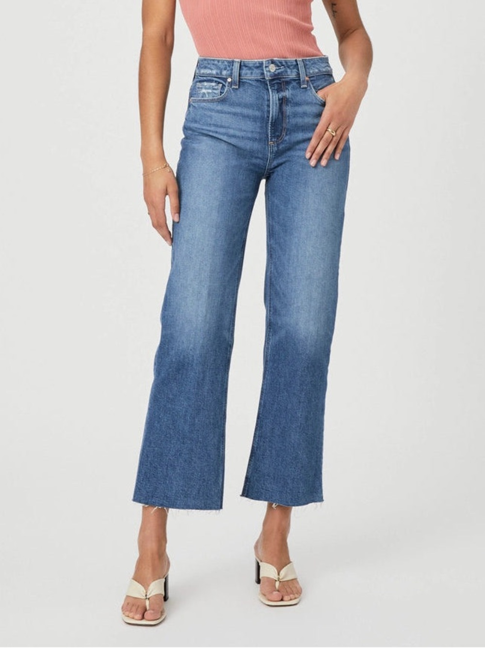 PAIGE Leenah Ankle Raw Hem Blue High-Rise Wide Leg Flare Jeans Sz 34 Spring